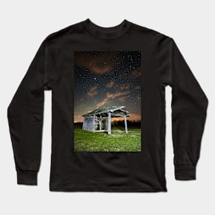 Shack on a meadow at night Long Sleeve T-Shirt